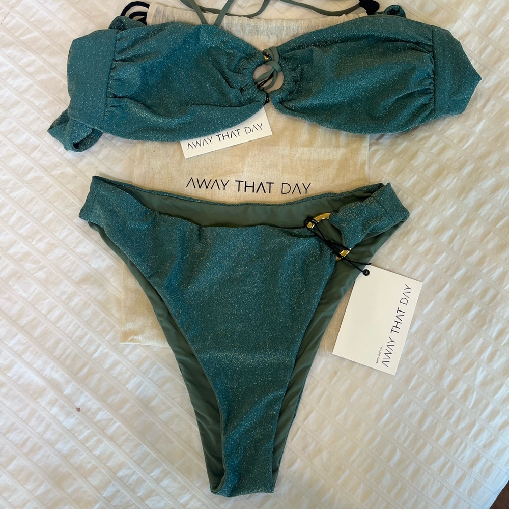 NWT Away That Day Acapulco Bikini Set Sea Green Lurex Swim Med Top large Bottom